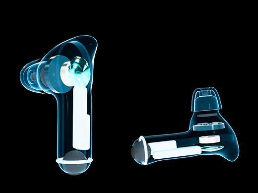 Translucent, fresnel xray view of the Aquabuds, showing the casing and components