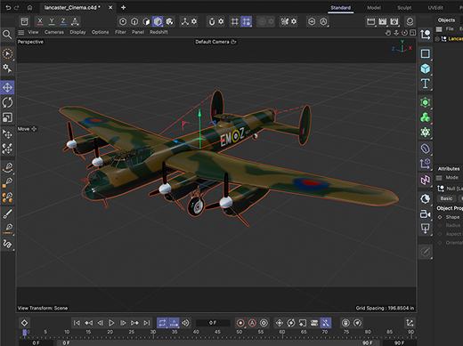 A screenshot of a 3D editing software with a model of a Lancaster plane being worked on