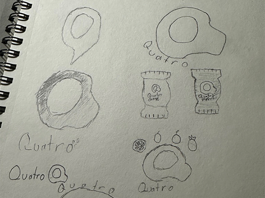 A picture of early sketches of ideas for the Quatro logo